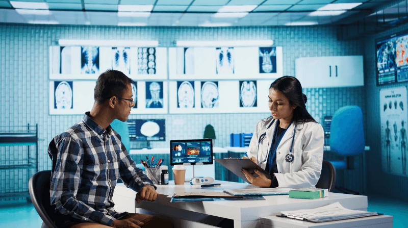 A Doctor explaining Analyzing healthcare usage patterns