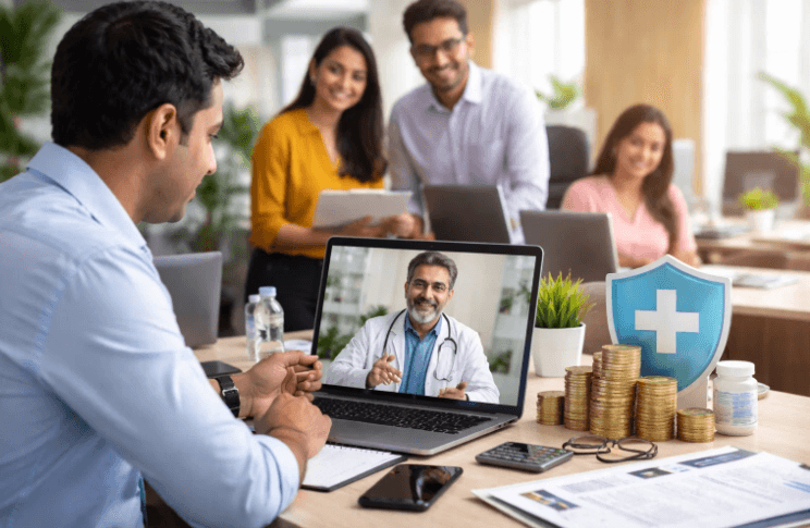 A person is having a virtual doctor consultation on a laptop in an office setting, with health insurance and financial symbols nearby.