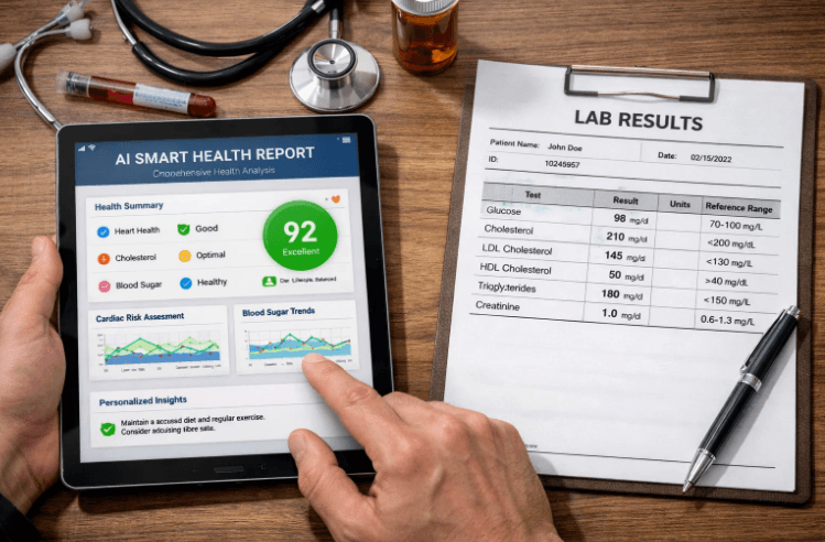 A tablet showing an AI-powered health report with insights is compared to a traditional paper lab report with raw data.
