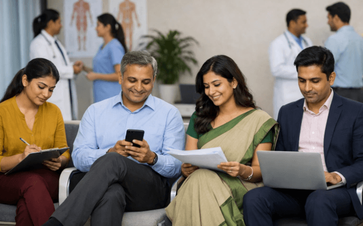 A diverse group of Indian professionals reviewing health documents and digital devices in a modern clinic waiting area. Medical staff and a healthcare anatomy chart are visible in the background.