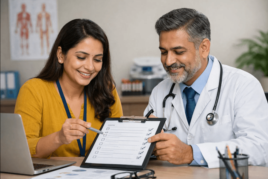 An HR professional and a doctor review a completed health evaluation checklist together, smiling as they assess diagnostic criteria in a clinical office setting.