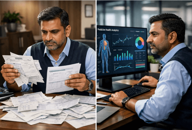 A split image contrasting an HR professional overwhelmed by paper claims reports versus confidently analyzing a live Predictive Health Analytics dashboard.