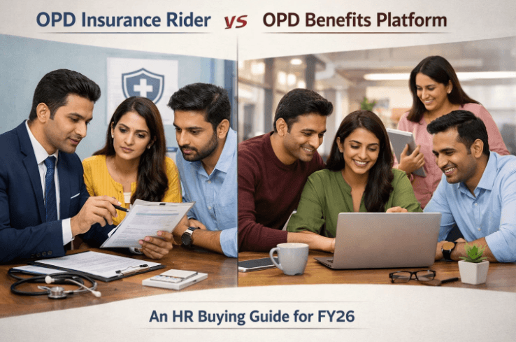 Side-by-side comparison image showing a group discussing OPD insurance rider with documents on the left and a group happily reviewing OPD benefits platform on a laptop on the right, titled “An HR Buying Guide for FY26.”
