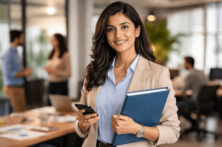 A confident professional woman in a corporate office setting, holding a phone and folder — ideal visual for an HR or business-focused blog.
