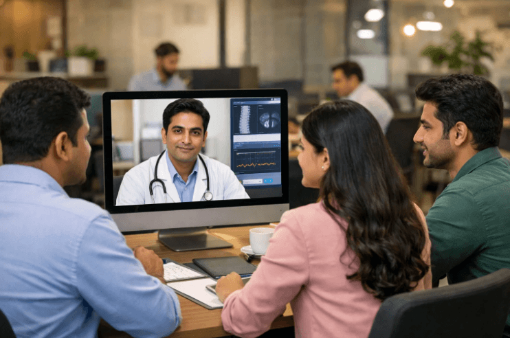 Corporate employees attending a virtual doctor consultation on a desktop in an office setting. Demonstrates digital teleconsultation enabling quick, convenient access to specialist healthcare at the workplace.