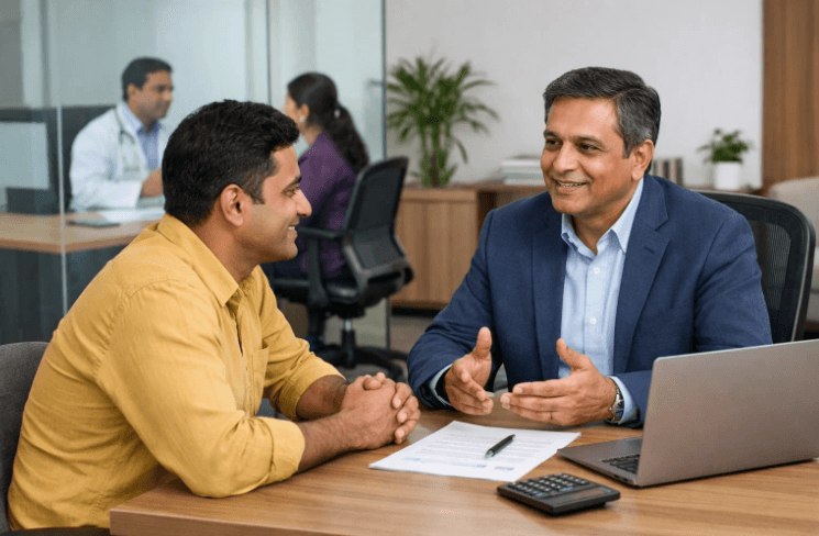A financial counsellor guides an employee through his health benefits plan in a corporate office setting.