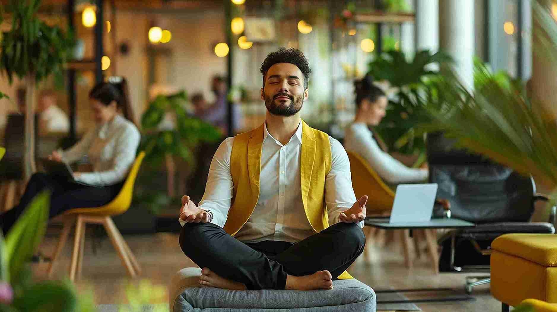 an employee in meditation in a corporate office