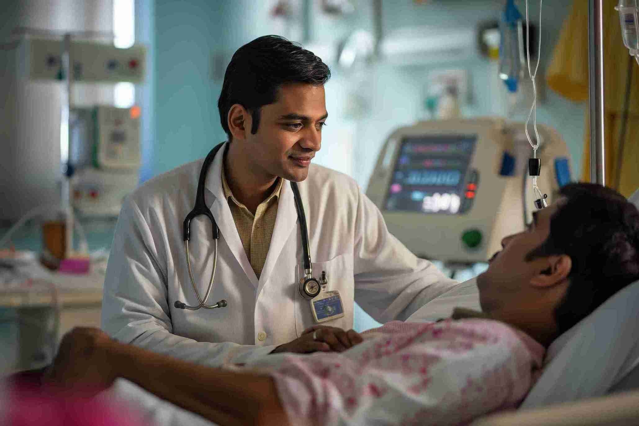 doctor stands beside a patient and explains him what is the health condition