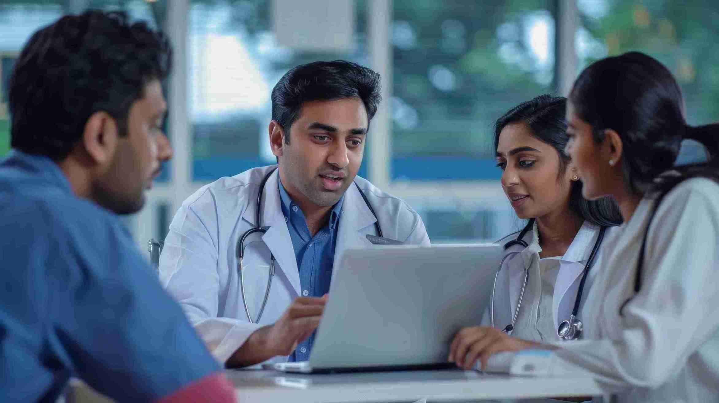 group of doctors are sitting around table looking laptop