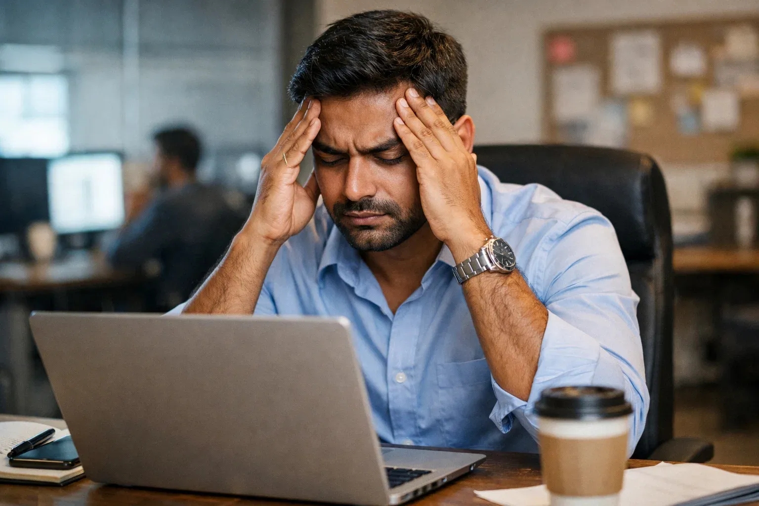 employee using laptop looks stressed