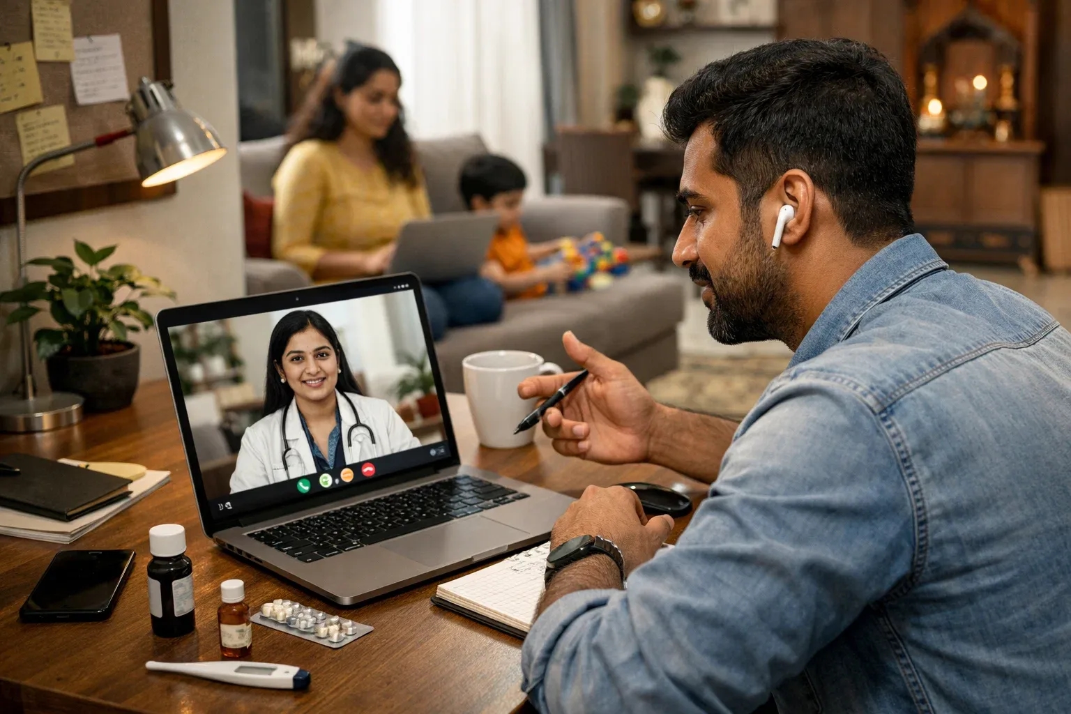 an indian person Tele-Consulting in Hybrid Work Environments