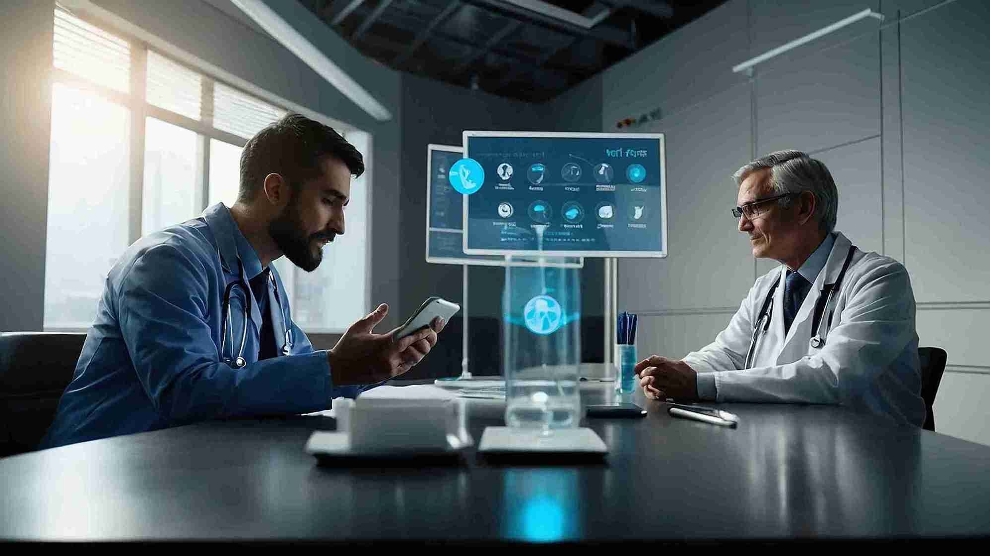 two men are sitting table with monitor that says technology